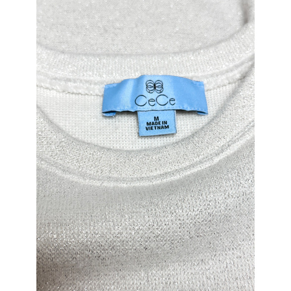 CeCe Silver Sparkle Off White Puff Sleeve Sweater Medium Holiday - Picture 4 of 6